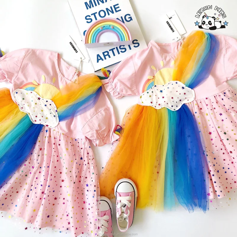 LEZONKIDS - 2023 New Summer Rainbow Clouds Rainbow Colors Stars Mesh Dress  Girl Dresses For Kids